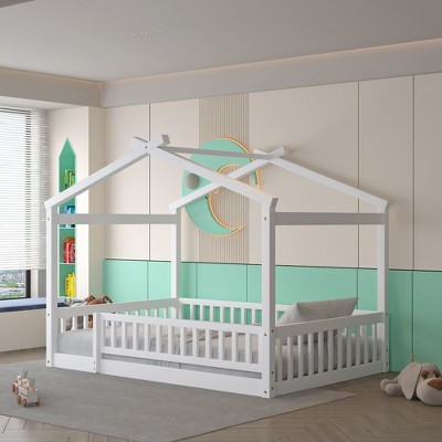 Twin/Full Size Wood Bed House Bed Frame with Fence -ModernLuxe