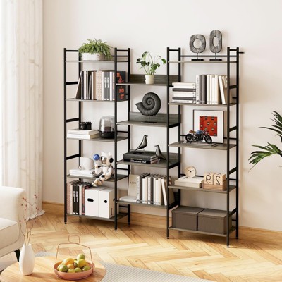 Triple Wide 5-Tier Book Shelf, Industrial Bookshelf with Open Display Shelves and Sturdy Metal Frame, Modern Bookcase for Living Room, Bedroom