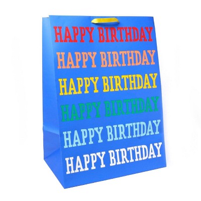 'Happy Birthday' Rainbow Verbiage on Colossal Gift Bag Blue - Spritz™: Giant XL Typography Party Bag