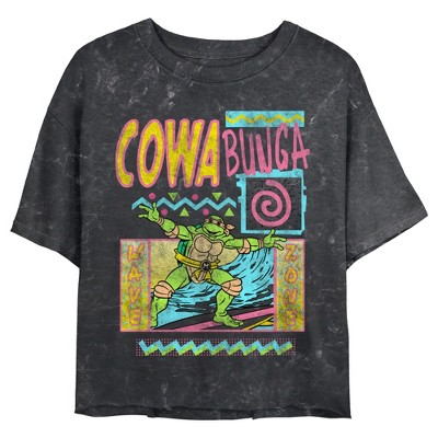 Juniors Womens Teenage Mutant Ninja Turtles Distressed Retro Cowabunga Michelangelo Crop T-Shirt