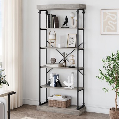 GustoWave 6 Tier Bookshelf Industrial Bookcase Wood Tall Standing Bookshelves Wood Vintage Display Rack Rustic Bookshelf