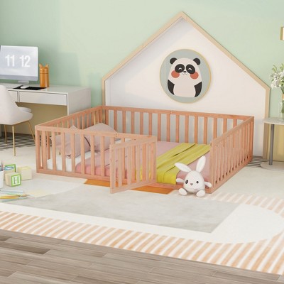 NicBex Twin/Full/Queen Size Kids Montessori Bed with Door,Floor Bed with Fence,Toddler bed for Bedroom Playroom,Walnut/White/Gray/Brown