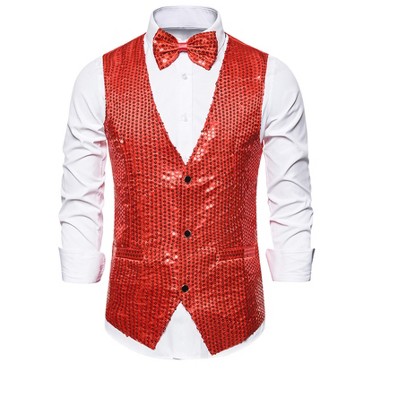 INSPIRE CHIC Men's Shiny Sequin Sleeveless Party Prom Suit Vest with Bow Tie
