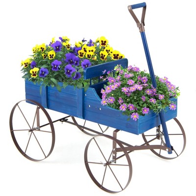 Tangkula Tangkula Wooden Garden Flower Planter Wagon Plant Bed W/ Wheel Garden Yard Blue