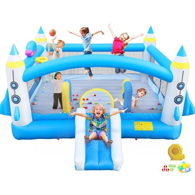 Large Bounce House for Big Kids 8-12, Outdoor Inflatable Bouncy Castle with 650W Blower, Obstacle Arch, Basketball Hoop & Dart Game,50 Ball Pits, Blue