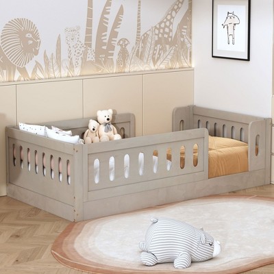 Okak Solid Wood Floor Bed Twin Size,Montessori Bed Frame with Reinforced Safety Rails, Low-Profile Design for Kids & Teens Bedroom