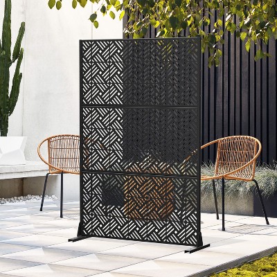 Pexfix 72 x 47 Inch Metal Privacy Screen Freestanding Outdoor Divider Panel For Patio Deck Balcony Heavy Duty Base Weatherproof Black