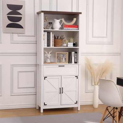 6-Tier Tall Rustic Bookshelf with Adjustable Shelves & Drawers 72" Large Modern Bookcase for Living Room Bedroom Office Library, White