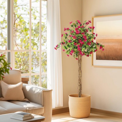 Whizmax Artificial Bougainvillea Tree, Tall Potted Fake Bougainvillea Trees, Faux Tree with Wood Trunk and Pink Flowers for Outdoor Indoor