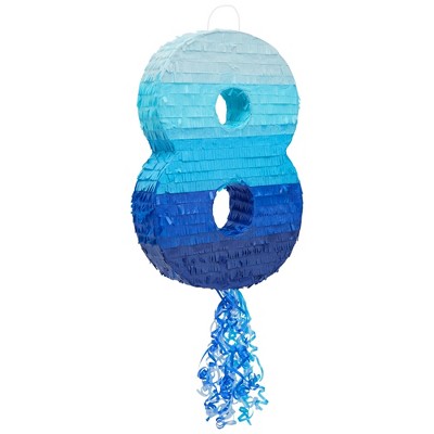Blue Panda Number 8 Pinata for Boys and Girls 8th Birthday Party Decorations, Centerpieces, Ombre Blue, 16.5 x 11 x 3 in