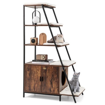 Petsite Large Cat Litter Box Enclosure 2-in-1 Hidden Cat Washroom Furniture with Storage White/Brown