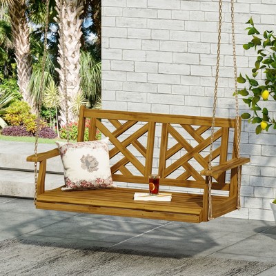 Outdoor Patio Acacia Wood Porch Swing Bench with Herringbone Backrest, 8-Foot Hanging Chains, 800 lb Weight Capacity