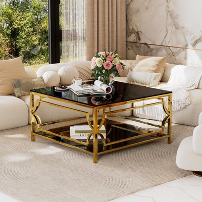 33.5" Square Glass Coffee Table, Geometric Metal Frame with Lower Shelf, Modern Luxury