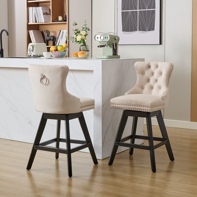 Set of 2 Velvet Bar Stools with Button Tufted Decoration and Wooden Legs, Leisure Swivel Chairs with Chrome Nailhead Trim - ModernLuxe