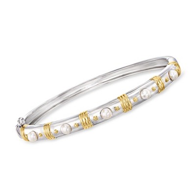 Ross-Simons 3.5-4mm Cultured Pearl Bangle Bracelet in 2-Tone Sterling Silver