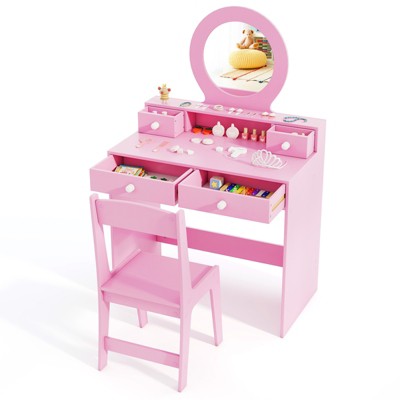 Tangkula Kids Vanity Set Desk & Chair Set w/ Mirror Open Shelf & 4 Storage Drawers