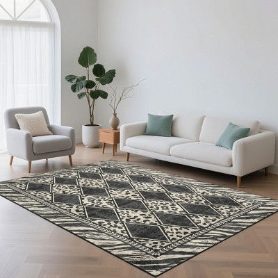 Modern Washable Area Rug, Checkered Leopard Print Floor Cover with Non Slip Backing, Low Pile Stain Resistant Indoor Carpet