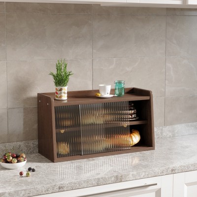 Wooden Breadbox, Double Tabletop Shelf, Countertop Organizer, Food Storage Cabinet With Sliding Doors