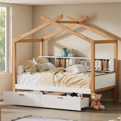 Merax Wooden House Bed with Two Storage Drawers & Built-In Bookshelf