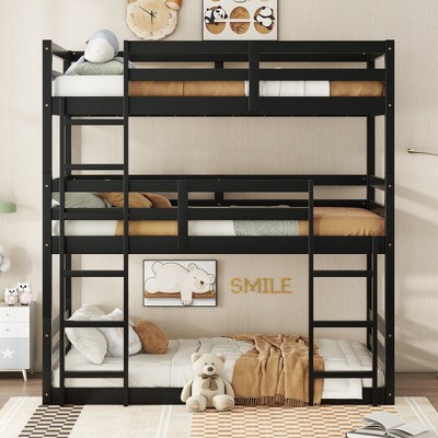 Racxily Triple Rubber Wood Bunk Bed with Two Built-in Ladders, Guardrails, Twin over Twin over Twin, Detachable Triple Twin Bunk Bed
