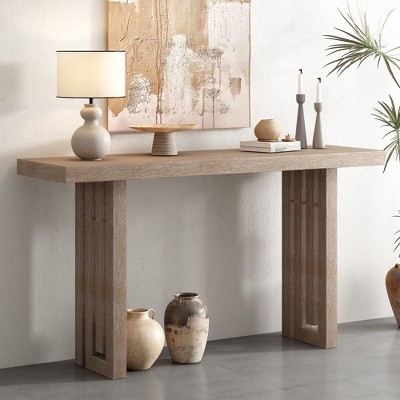 LOVMOR 59" Retro Console Table, Oak Veneer Entryway Table with Distinctive Side Shapes, for Entrance, Hallway, Living Room, Foyer, Corridor