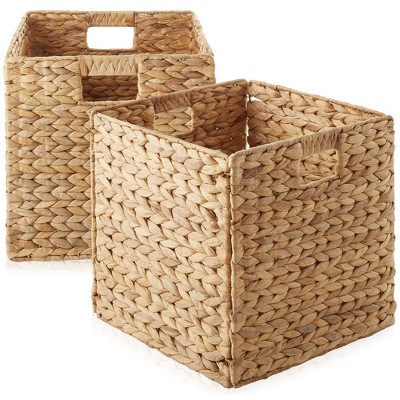 Casafield 13" x 13" Water Hyacinth Storage Baskets - Set of 2 Collapsible Cubes, Woven Bin Organizers for Bathroom, Bedroom, Laundry, Pantry