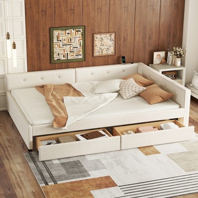 TIRAMISUBEST Full/Queen Upholstered Storage Platform Bed Frame with 2 Drawers, L-Shaped Linen Daybed with USB Ports