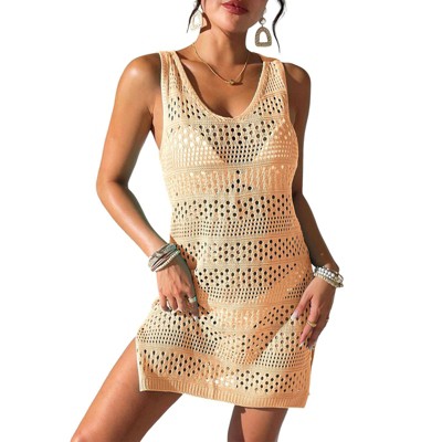 Coolmee Women Swimsuit Cover up Mini Dress Bathing Suit Crochet Beach Tank Dress Hollow Out Slit Bikini Sleeveless Dresses