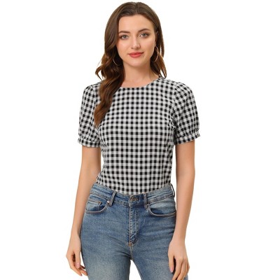 INSPIRE CHIC Women's Vintage Crew Neck Puff Sleeve Casual Plaid Gingham Blouse