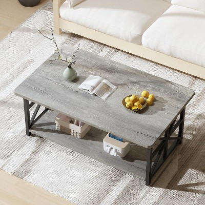 Hooseng Coffee Table for Living Room with Round Corners, 2 Tier Rectangular Center Table with Storage Shelf for Small Spaces