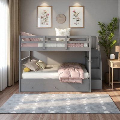 Merax Full Over Full Staircase Bunk Bed with Storage Shelves and Pull-Out Drawer