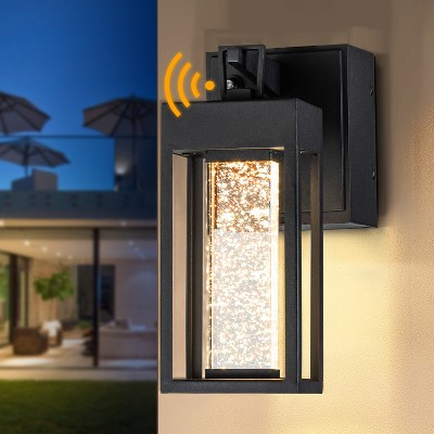 ALOADECOR Modern LED Outdoor Black Dusk to Dawn Sensor Wall Lantern Sconce with Seeded Glass and built-in GFCI Outlets