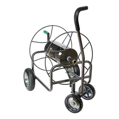 Yard Butler 4 Wheel Powder Coated Steel Hose Truck Holds 400 Feet of Hose with 2 Pneumatic Real Tires and 2 Rubber Front Turning Tires, Black