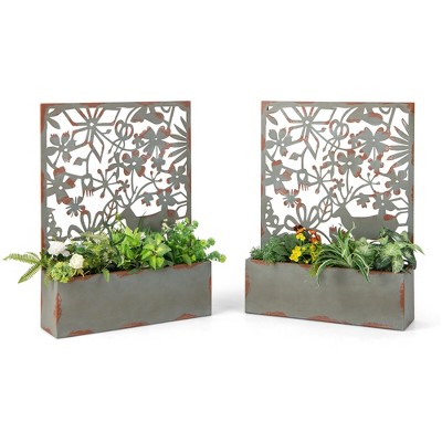 Tangkula Set of 2 Decorative Raised Garden Bed Wall-mounted Metal Planter Box w/ Trellis