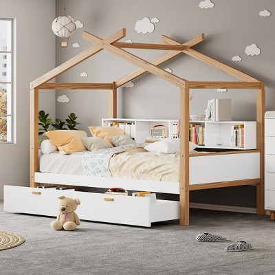 Whisen Wooden Full Size House Bed and Original Wood Colored Frame with Drawer, Desk and Bookshelf