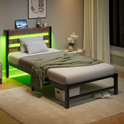APRILSOUL  Metal Bed Frame with Wooden Headboard,  Storage Shelf, Noise-Free, No Box Spring Needed