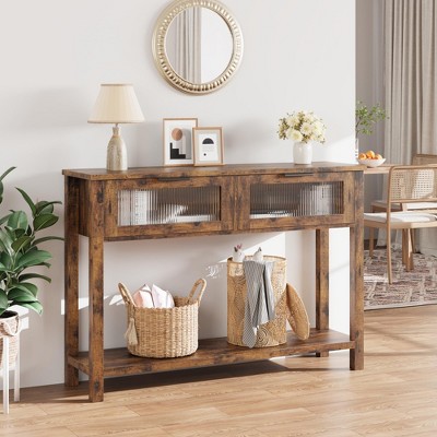 Entryway Table, Wood Console Table with 2 Glass Drawers, 2 Tier Sofa Table with Storage