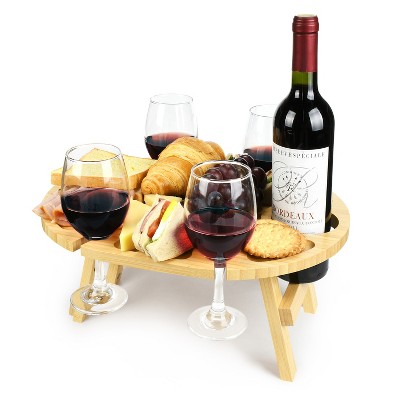 Tirrinia Folding Picnic Table, Portable Natural Bamboo Table, 4 Wine Glasses Holder, 1 wine holder, Snack Tray Table for Outdoor Picnic