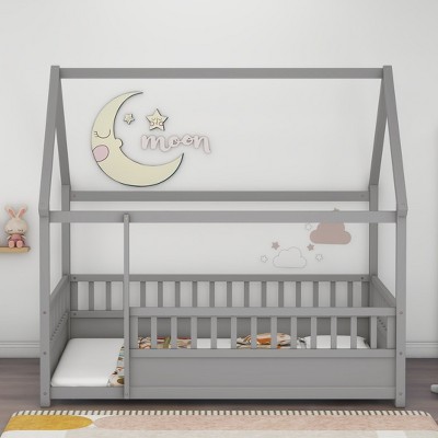 CAVINAS Twin Size Bed Frame with House Roof Frame,Platform Bed with Fence Guardrails,Pine Sturdy Platform Bed for Bedroom