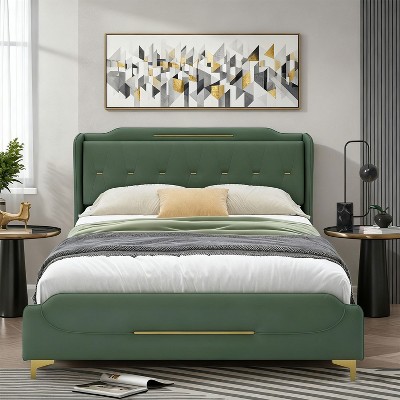 KTMBDW Queen/King Size Leather Bed frame with Wingback Headboard & Footboard, PU Upholstered Platform bed with Wooden Slats Support, Easy Assembly