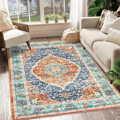 Area Rug - Ultra Thin Low Pile Rug, Stain Resistant, Anti-Slip & Non-Shedding, Machine Washable, Floral Print Carpet for Living Room. Bedroom