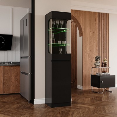 Famapy Black Tall Display Cabinet Accent Cabinet with LED Lights - Modern Storage for Glassware & Decor