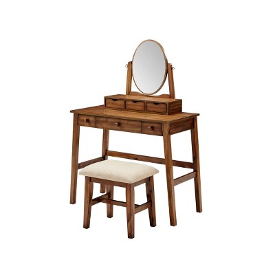 Lorna Traditional Wood Vanity with Stool, 6 Drawers, Adjustable Mirror - Linon: Dressing Table, Makeup Storage