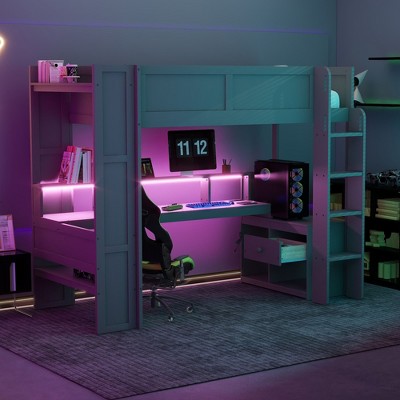 NicBex Twin/Full Size Loft Bed with Desk & LED Lights,Multi-Functional Wooden Bunk Bed with Charging Station & Storage for Kids,Teens,Adults,Dark Gray