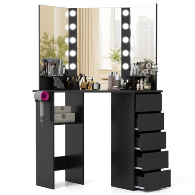 Tangkula Corner Makeup Vanity Desk Makeup Dresser Table with 4 Color Lighting