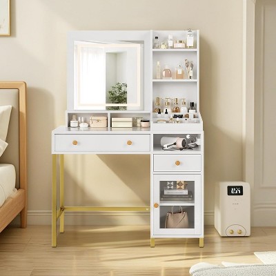 Vanity Desk with Lighted Mirror, Large Makeup Dressing Table with Power Outlet 2 Drawers