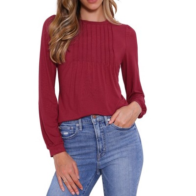 INSPIRE CHIC Women's Long Sleeve Pleated Round Neck Basic Tops