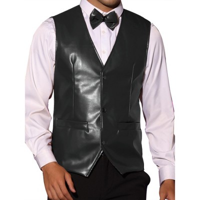 Lars Amadeus Men's Western PU Faux Leather Waistcoat Vest with Bow-Tie