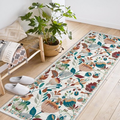 Modern Bohemian Area Rug Washable Rugs Floral Soft Playroom Carpet Flower Bird Jungle Pattern Indoor Accent Rug for Living Room Nursery