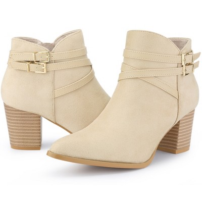 Allegra K Women's Round Toe Buckle Decor Cross Strap Block Heels Ankle Boots